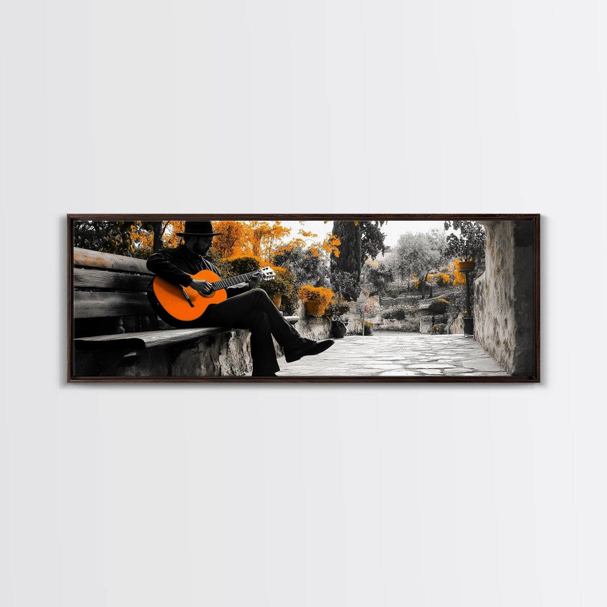Spanish Guitar, Rustic Music Scene, Autumn Colors, Framed Canvas Print, Fall Wall Art, Living Room Decor, Folk Art, Warm Rustic Charm