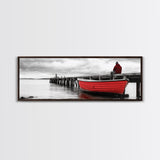Red Boat Dock, Lonely Harbor View, Seaside Silence, Framed Canvas Print, Nautical Wall Art, Beach House Decor, Moody Coastal Vibes