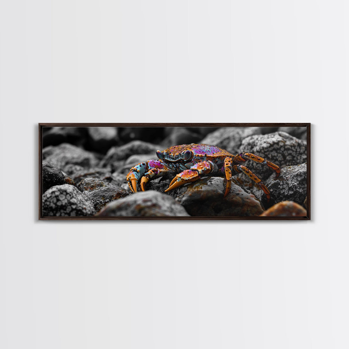 Rainbow Crab, Coastal Creature, Ocean Life, Vibrant Nature, Framed Canvas Print, Bathroom Wall Art, Coastal Home Decor