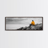 Peaceful Angler View, Yellow Hoodie Fisherman, Canvas Print, Minimalist Seaside Wall Art, Coastal Living Room Art, Fishing Lover Gift