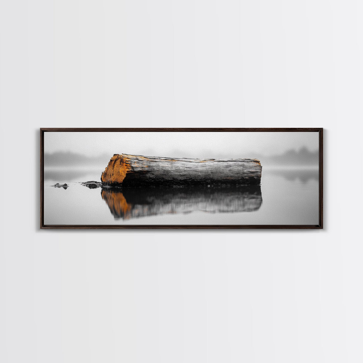 Weathered Log Reflection, Calm Lake Scene, Canvas Print, Minimalist Nature Photography, Zen Bathroom Wall Art, Serene Rustic Decor