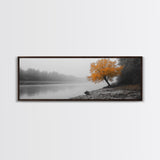 Foggy Riverbank Tree, Orange Fall Tree, Framed Canvas Print, Autumn Nature Scene, Moody Landscape Wall Art, Rustic Bedroom Decor
