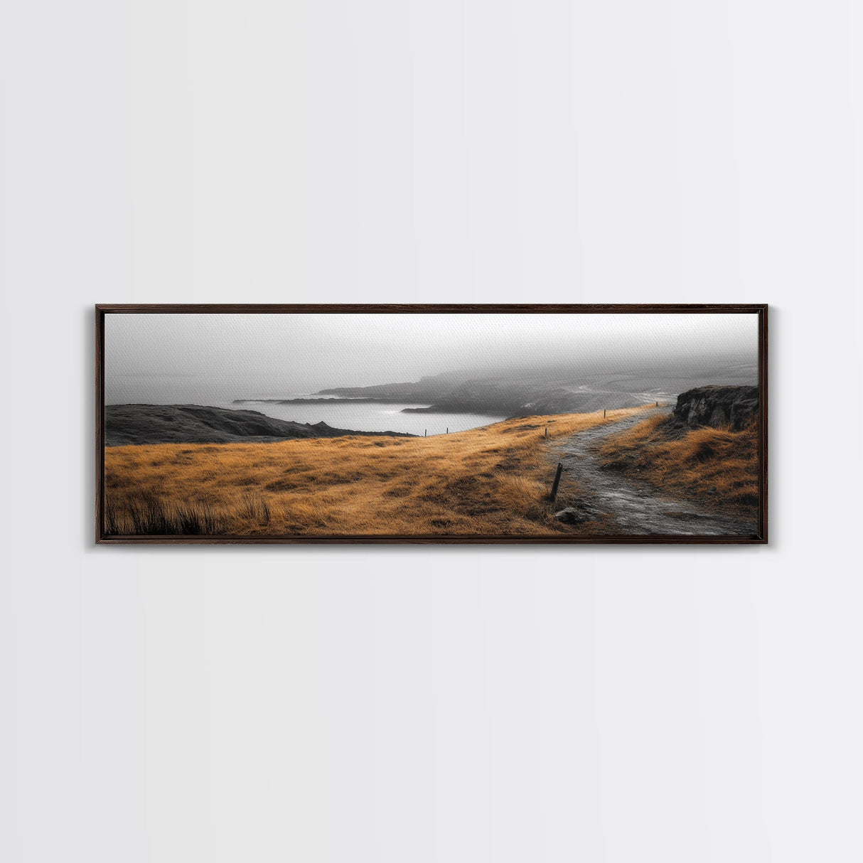 Coastal Cliff Path, Golden Grasses by Sea, Canvas Print, Autumn Hiking Scene, Misty Nature Wall Art, Hallway Landscape Photography