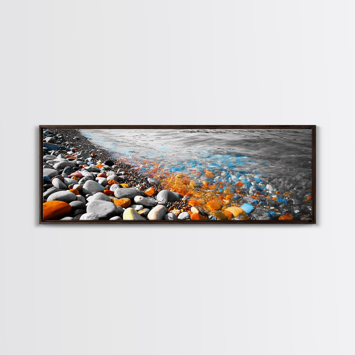 Colorful Pebble Shore, Vibrant Lake Stones, Blue Orange Rocks, Framed Canvas Print, Boho Coastal Style, Bathroom Wall Art