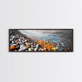 Colorful Pebble Shore, Vibrant Lake Stones, Blue Orange Rocks, Framed Canvas Print, Boho Coastal Style, Bathroom Wall Art