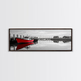 Red Fishing Boat, Harbor Reflection Scene, Calm Dockside Water, Framed Canvas Print, Nautical Art, Living Room Wall Decor