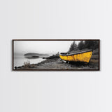 Yellow Rowboat Scene, Misty Coastal Landscape, Abandoned Boat Art, Framed Canvas Print, Rustic Nautical, Office Wall Art