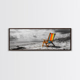 Beach Chair, Coastal Solitude, Striped Fabric, Seaside Calm, Framed Canvas Print, Minimalist Wall Art, Beach House Decor