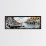 Abandoned Rowboat, Rustic Shore, Autumn Cove, Island Serenity, Framed Canvas Print, Lakehouse Decor, Coastal Wall Art, Nature Print