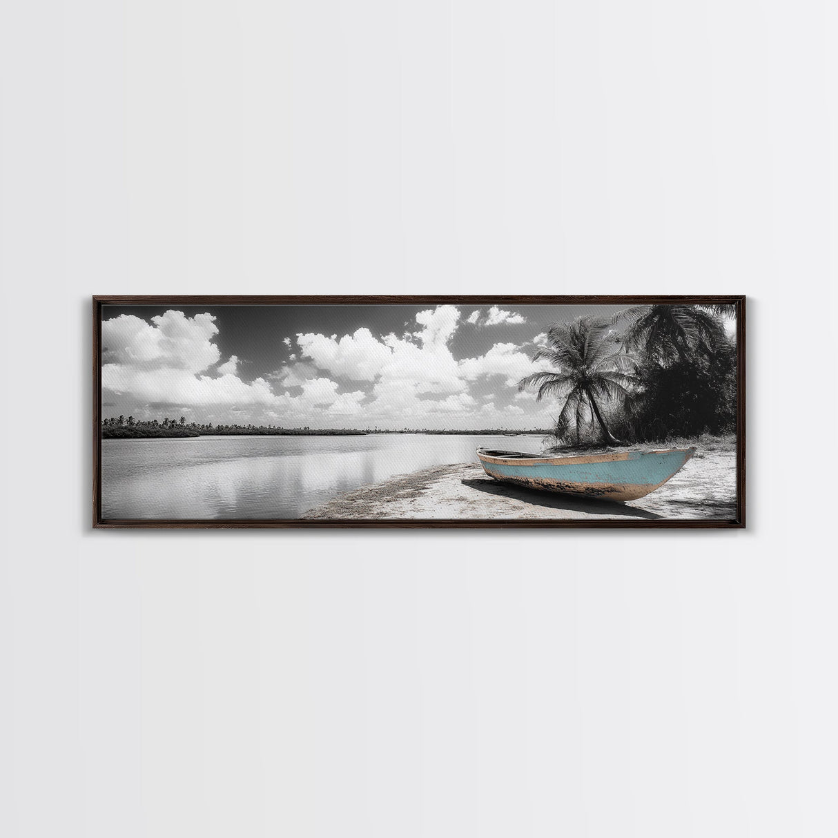 Tropical Boat, Deserted Beach, Palms and Clouds, Ocean Peace, Framed Canvas Print, Boho Wall Art, Bedroom Decor, Seaside Minimalism