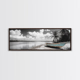 Tropical Boat, Deserted Beach, Palms and Clouds, Ocean Peace, Framed Canvas Print, Boho Wall Art, Bedroom Decor, Seaside Minimalism