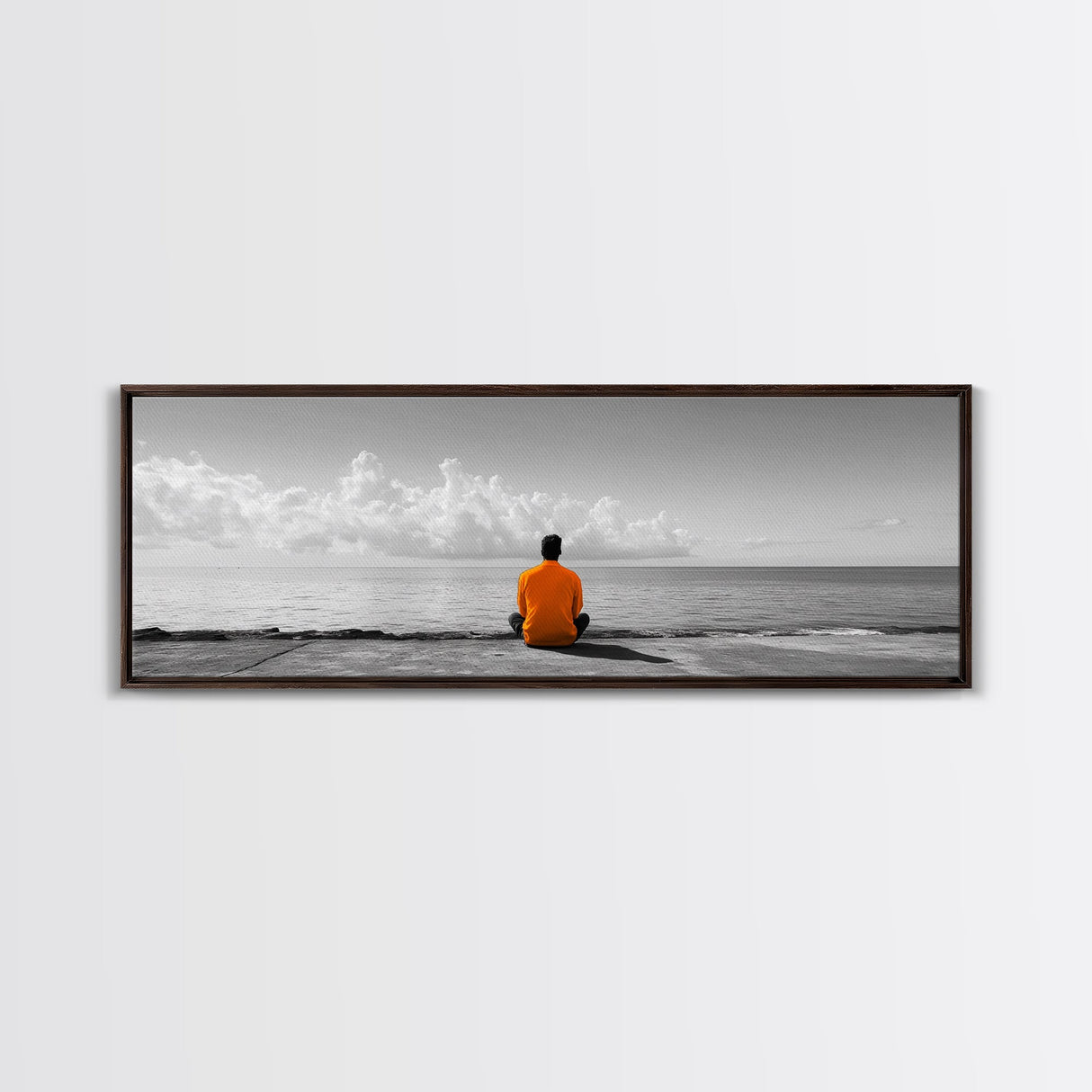 Orange Jacket, Solitude Man, Sea Gaze, Minimal Mood, Framed Canvas Print, Office Wall Art, Modern Decor, Reflective Photography