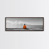 Orange Jacket, Solitude Man, Sea Gaze, Minimal Mood, Framed Canvas Print, Office Wall Art, Modern Decor, Reflective Photography