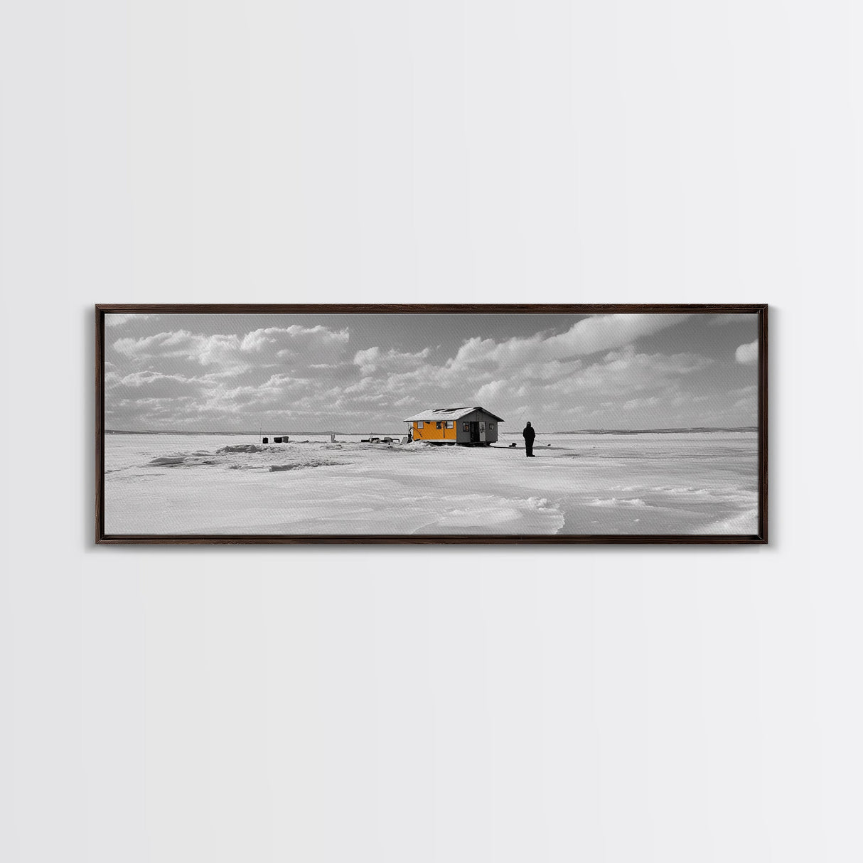 Winter Fishing, Ice House, Snowy Sky, Arctic Chill, Framed Canvas Print, Cabin Wall Art, Minimalist Winter Decor, Monochrome Scene