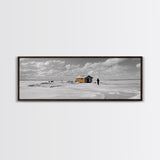 Winter Fishing, Ice House, Snowy Sky, Arctic Chill, Framed Canvas Print, Cabin Wall Art, Minimalist Winter Decor, Monochrome Scene