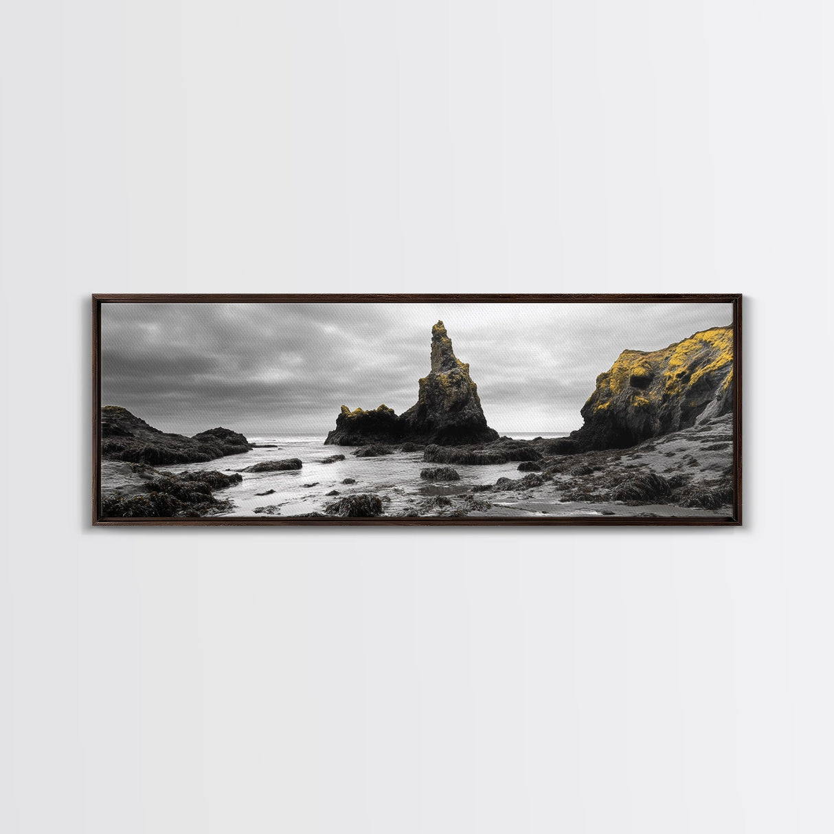 Sea Stacks, Rocky Shore, Golden Moss, Framed Canvas Print, coastal wall art, moody ocean print, beach house decor, nature photography