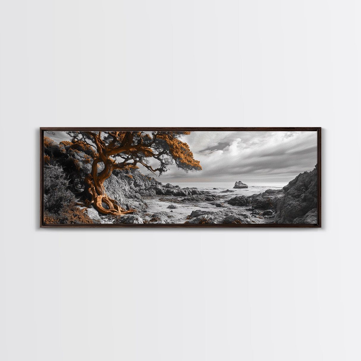 Twisted Tree, Rugged Coast, Autumn Forest, Framed Canvas Print, fall wall art, rustic nature print, living room decor, woodland landscape