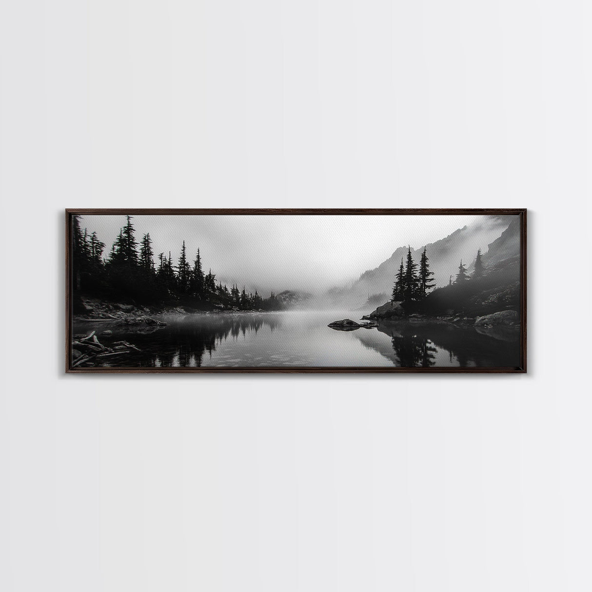 Foggy Pines, Mountain Reflection, Monochrome Wilderness, Canvas Print, black and white wall art, cabin decor, minimalist forest scene