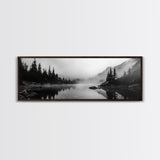 Foggy Pines, Mountain Reflection, Monochrome Wilderness, Canvas Print, black and white wall art, cabin decor, minimalist forest scene