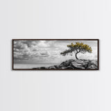Lone Tree Cliff, Windy Ocean View, Golden Branches, Canvas Print, Moody Landscape Art, Neutral Tones, Office Wall Decor, Minimalist Style