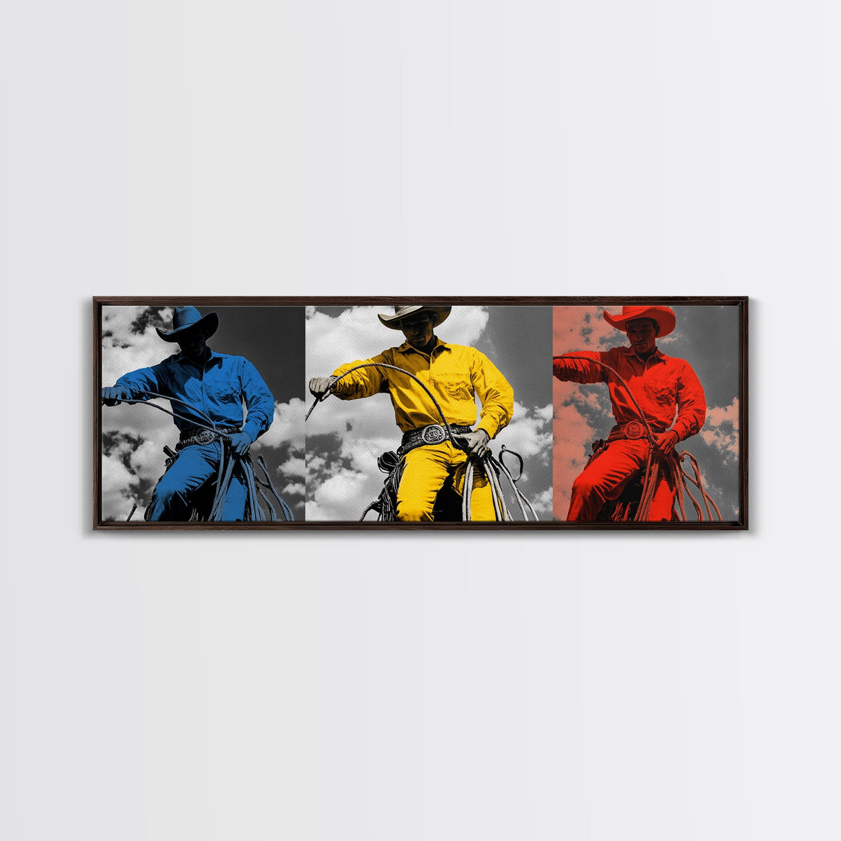 Cowboy Pop Art, Red Yellow Blue Trio, Western Rodeo Style, Framed Canvas Print, Bold Color Wall Art, Man Cave Decor, Modern Western Art