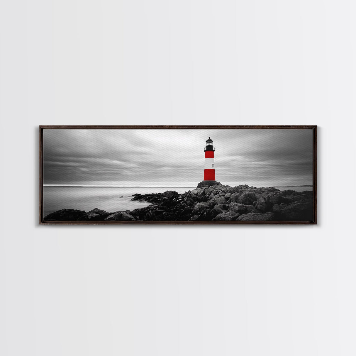 Lighthouse Coastline, Red Beacon, Stormy Sea, Black and White Landscape, Framed Canvas Print, Nautical Decor, Office Wall Art, Modern Style