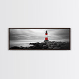 Lighthouse Coastline, Red Beacon, Stormy Sea, Black and White Landscape, Framed Canvas Print, Nautical Decor, Office Wall Art, Modern Style
