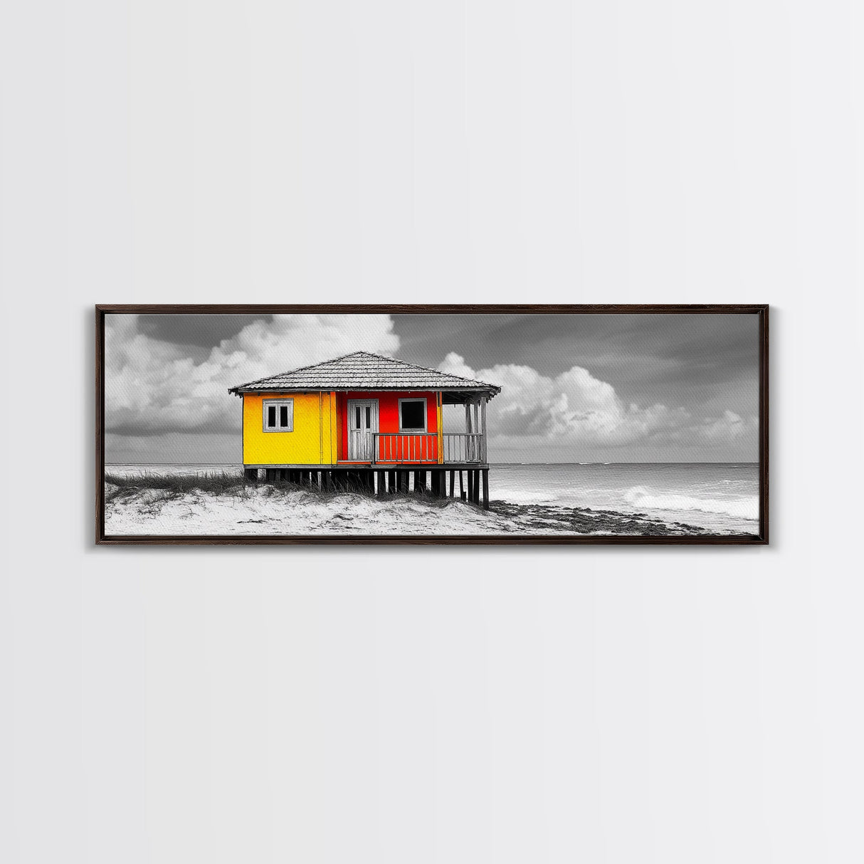 Yellow Cabin, Seaside Shack, Color Pop, Coastal Vibes, Framed Canvas Print, Beach House Wall Art, Bold Nautical Decoretic