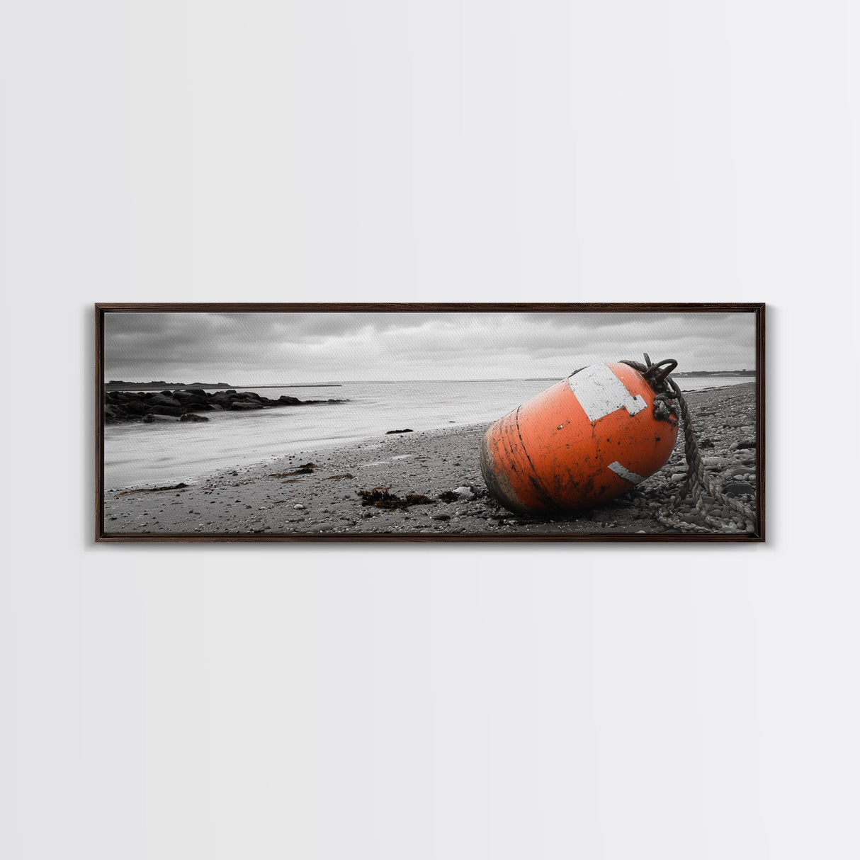 Beach Buoy, Coastal Drift, Orange Marker, Tidal Shore, Framed Canvas Print, Bathroom Wall Decor, Nautical Minimalism, Modern Ocean Art