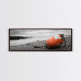 Beach Buoy, Coastal Drift, Orange Marker, Tidal Shore, Framed Canvas Print, Bathroom Wall Decor, Nautical Minimalism, Modern Ocean Art