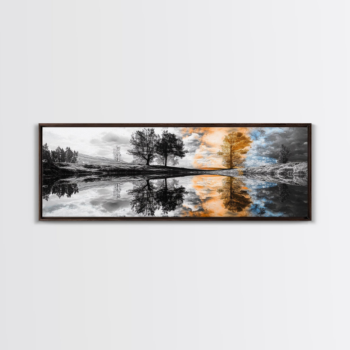 Surreal Reflection, Tree Silhouettes, Split Sky, Framed Canvas Print, trippy landscape art, black and white dreamy wall decor