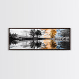 Surreal Reflection, Tree Silhouettes, Split Sky, Framed Canvas Print, trippy landscape art, black and white dreamy wall decor