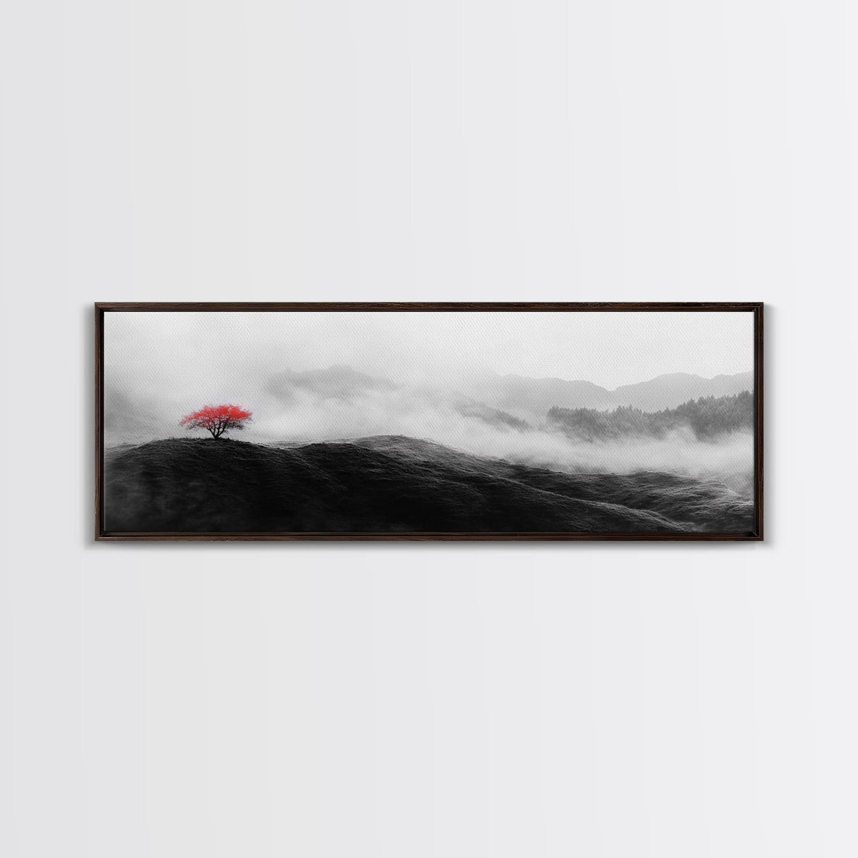 Lone Red Tree, Misty Hills, Minimalist Landscape, Framed Canvas Print, serene bedroom wall art, abstract black and white decor
