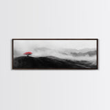 Lone Red Tree, Misty Hills, Minimalist Landscape, Framed Canvas Print, serene bedroom wall art, abstract black and white decor