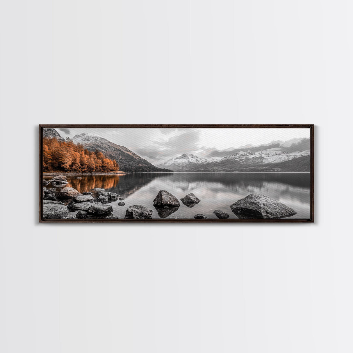 Autumn Lake Reflection, Serene Mountains, Warm Tones, Framed Canvas Print, Fall Home Decor, Rustic Landscape, Cabin Wall Art