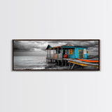 Rustic Shack, Ocean Pier, Stormy Skies, Tropical Retreat, Framed Canvas Print, Nautical Wall Art, Beach Cabin Decor, Lake House Style
