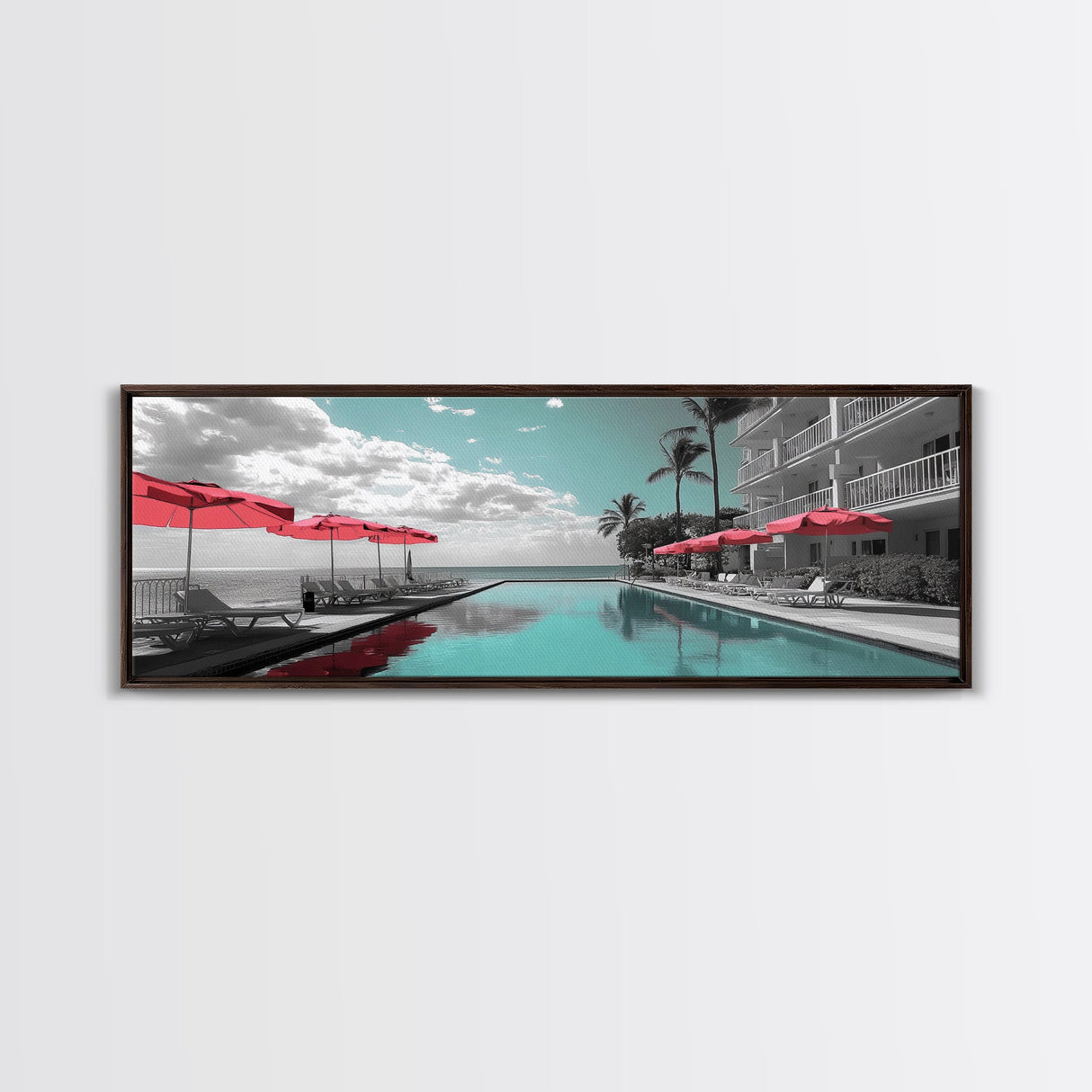 Poolside Escape, Beach Umbrellas, Luxury Retreat, Modern Resort, Framed Canvas Print, Vacation Vibes, Coastal Living, Bedroom Wall Art