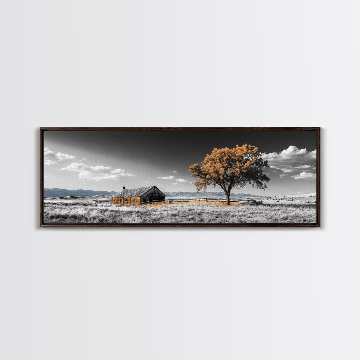 Prairie Cabin, Golden Tree, Rural Landscape, Open Sky, Framed Canvas Print, Country Decor, Farmhouse Wall Art, Rustic Bedroom Style