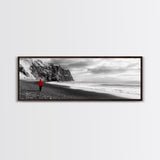 Red Jacket Wanderer, Moody Coastal Cliff Scene, Monochrome Photography, Framed Canvas Print, Modern Minimalist Office Wall Art