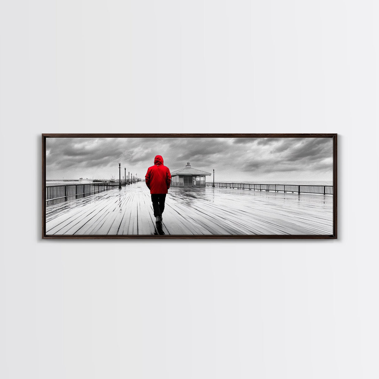 Red Jacket Walk, Rainy Boardwalk Scene, Urban Solitude, Moody Landscape Photography, Canvas Print, Entryway Wall Art, Minimalist Decor