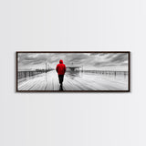 Red Jacket Walk, Rainy Boardwalk Scene, Urban Solitude, Moody Landscape Photography, Canvas Print, Entryway Wall Art, Minimalist Decor