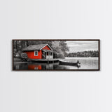 Lakeside Cabin Red, Boat House Retreat, Serene Waterfront, Autumn Color Pop, Canvas Print, Cozy Living Room Wall Art, Nature Home Decor