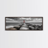 Red Lighthouse Coast, Seaside Rock Jetty, Stormy Sky Mood, Nautical Beacon View, Canvas Print, Bathroom Wall Art, Coastal Modern Decor