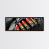Red Ammo, Tactical Gear, Military Closeup, Rustic Warrior, Framed Canvas Print, Masculine Wall Art, Man Cave Wall Decor