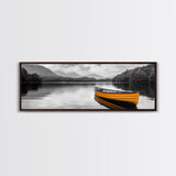 Golden Canoe, Lake Reflection, Tranquil Water, Adventure Scene, Canvas Print, Minimalist Wall Art, Bedroom Landscape, Cabin Decor