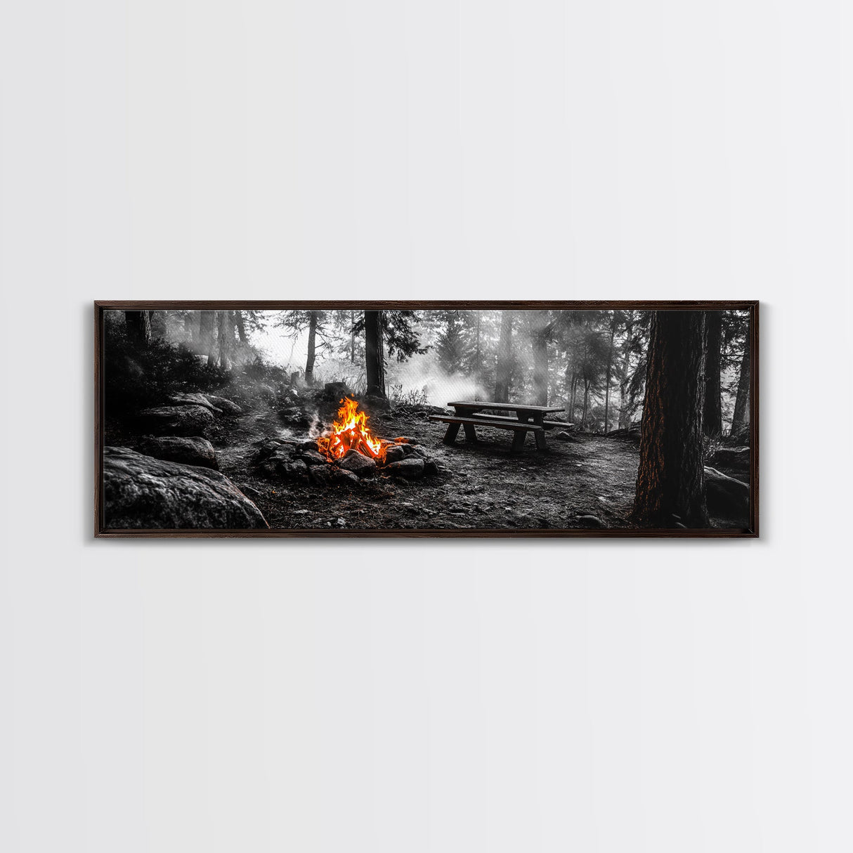 Forest Firepit, Picnic Spot, Smoky Trees, Nature Flame, Canvas Print, Fall Wall Art, Camping Cabin Decor, Rustic Outdoor Style
