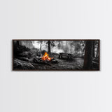 Forest Firepit, Picnic Spot, Smoky Trees, Nature Flame, Canvas Print, Fall Wall Art, Camping Cabin Decor, Rustic Outdoor Style