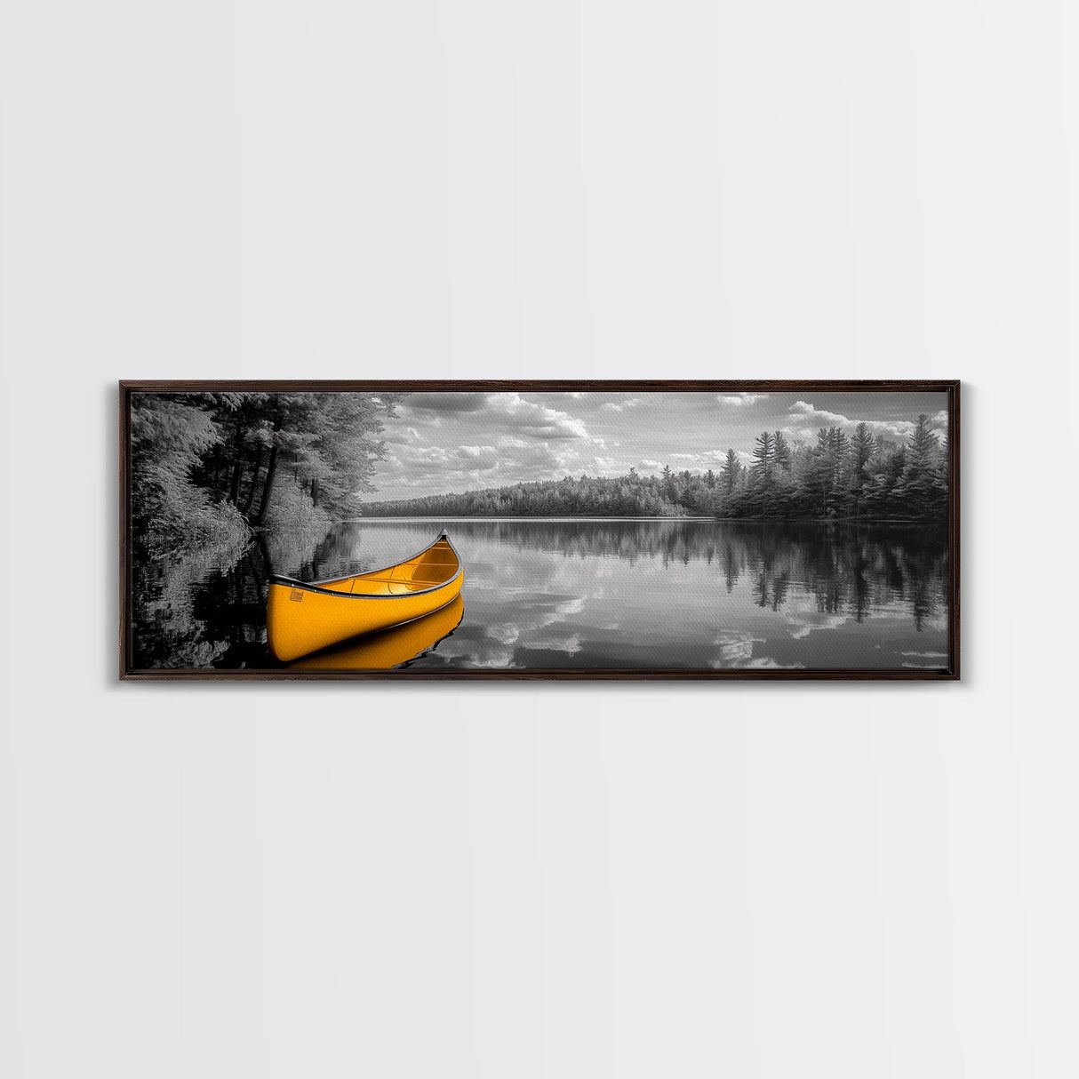 Yellow Canoe, Calm Lake, Reflection Art, Nature Landscape, Adventure Decor, Canvas Print, Rustic Wall Art, Cabin Decor, Lakehouse Art
