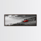 Red Boat, Rocky Shore, Dramatic Sky, Abandoned Vessel, Framed Canvas Print, Nautical Living Room Art, Moody Coastal Home Decor
