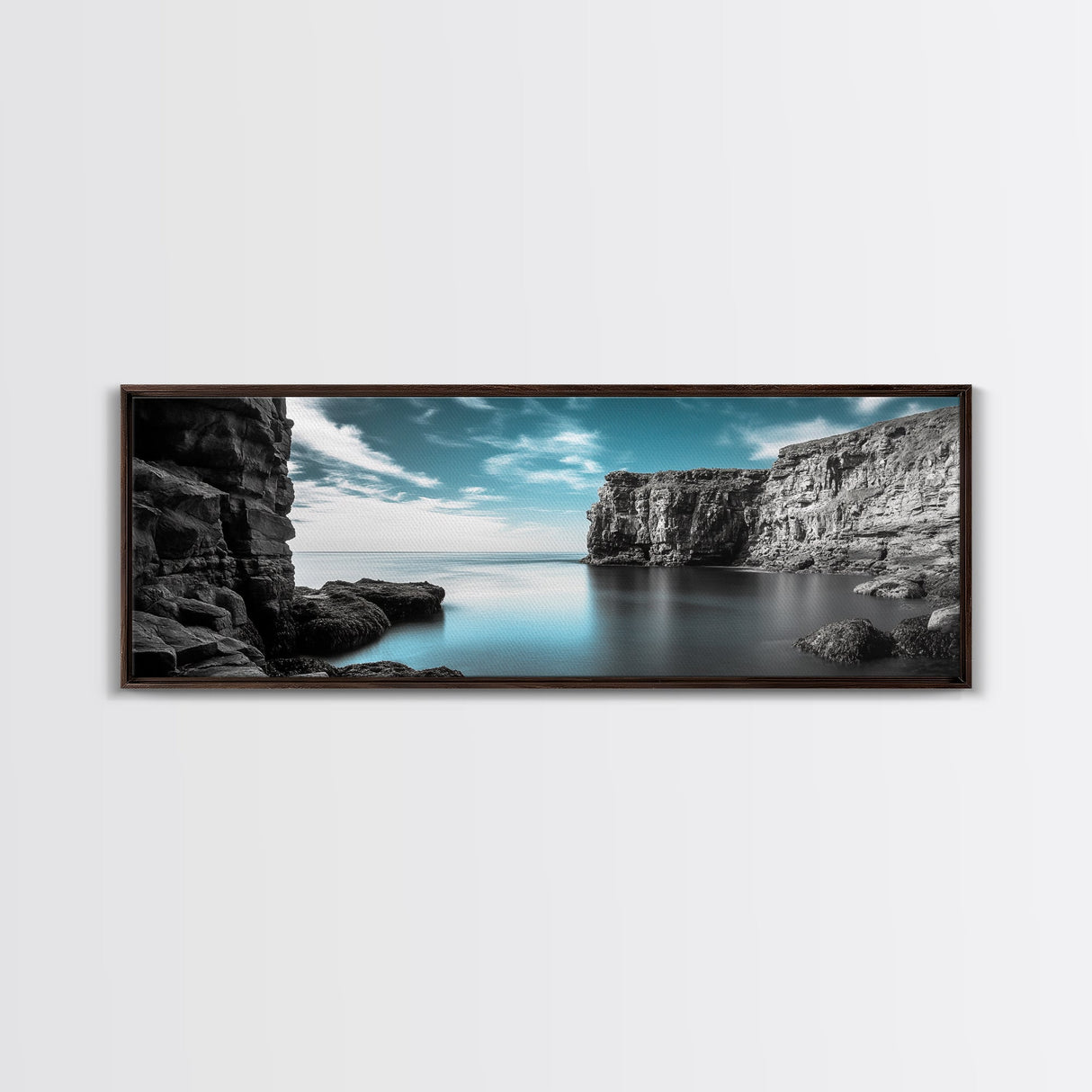 Serene Cove, Cliff Reflections, Blue Water, Coastal Escape, Framed Canvas Print, Tranquil Ocean Art, Bathroom or Spa Wall Decor